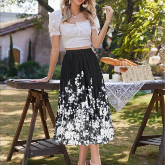 Women's Chiffon Pleated Skirts Elastic High Waist A-line Midi Skirts for Casual - Picture 4 of 4